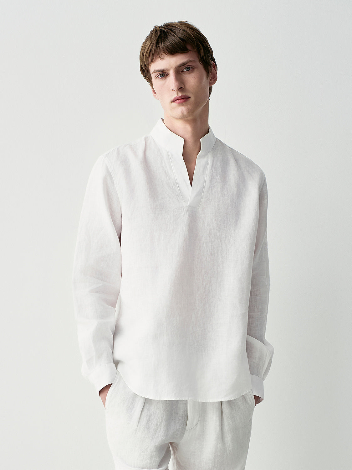 STANDING COLLAR LINEN SHIRT