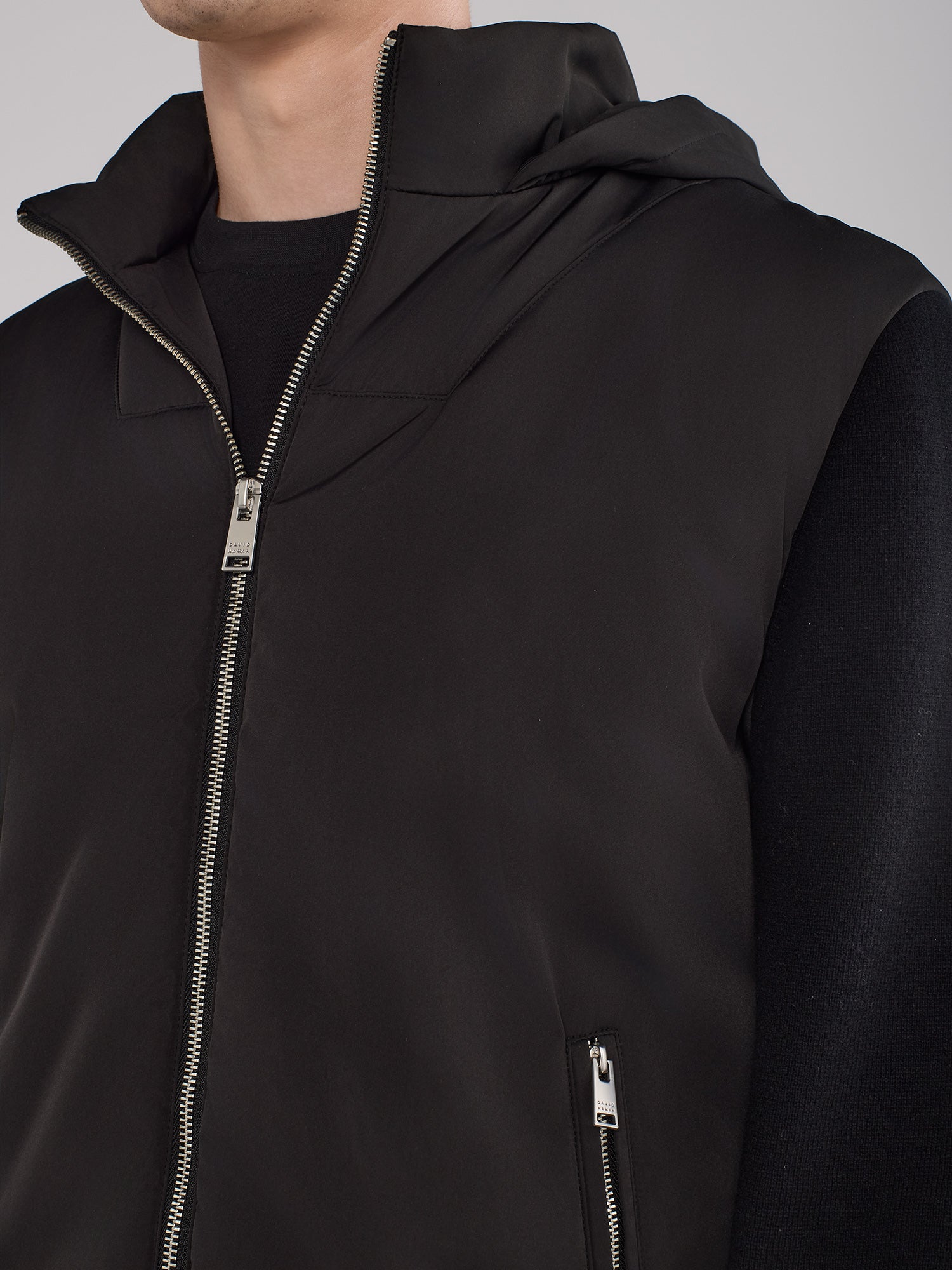 NYLON JACKET WITH KNIT SLEEVES AND HEM