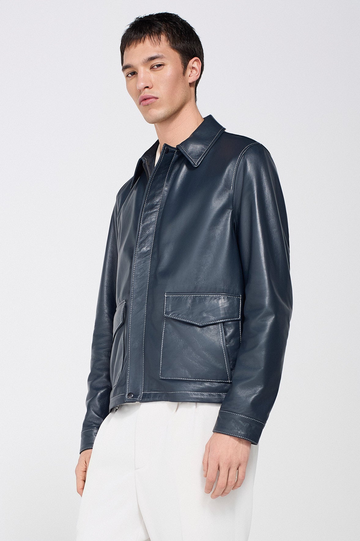 CONTRASTING STITCHING LEATHER JACKET