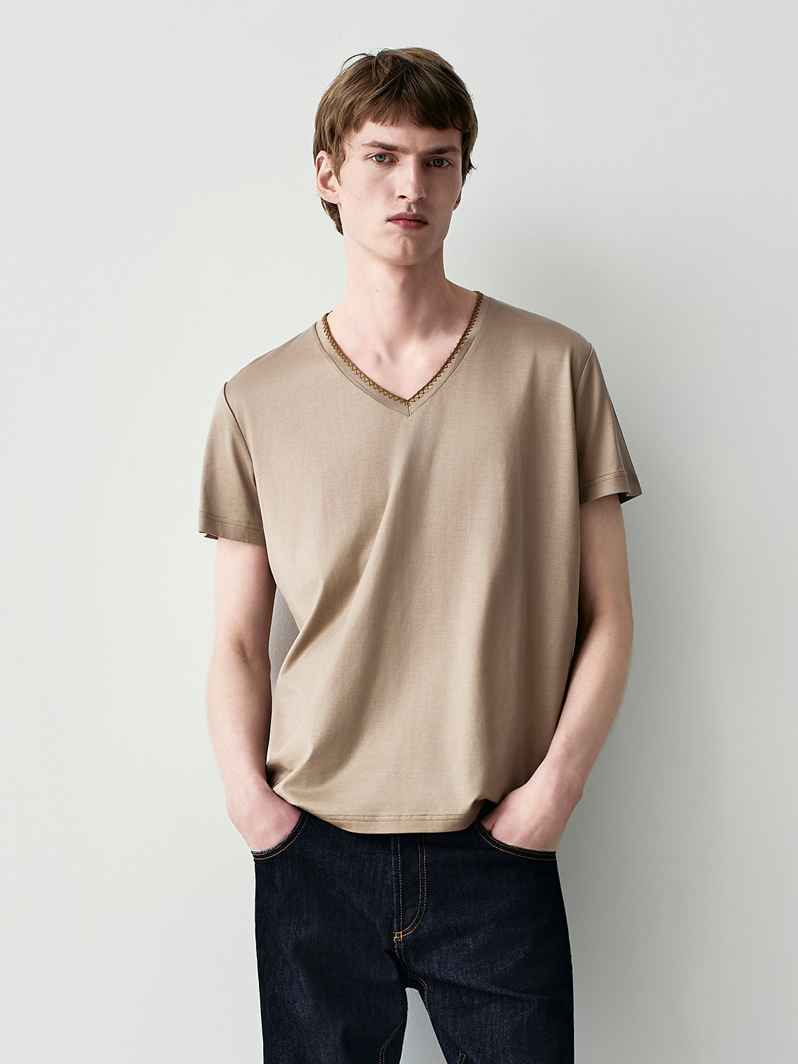 V NECK EMBROIDERED T-SHIRT