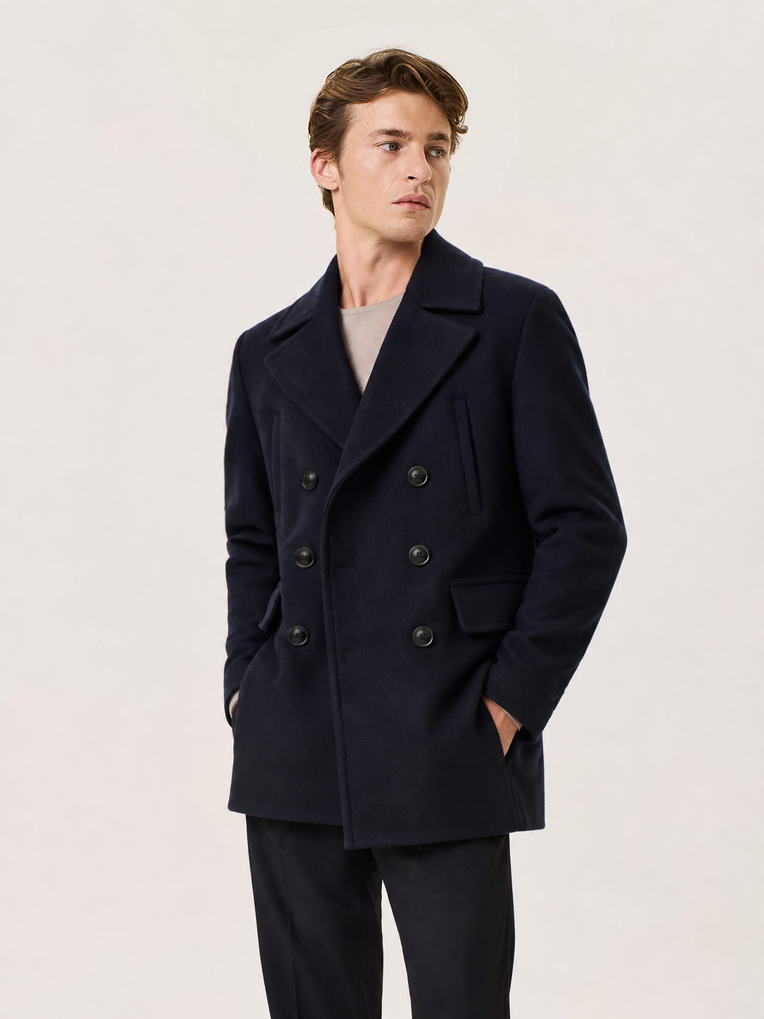 Double-breasted wool blend peacoat