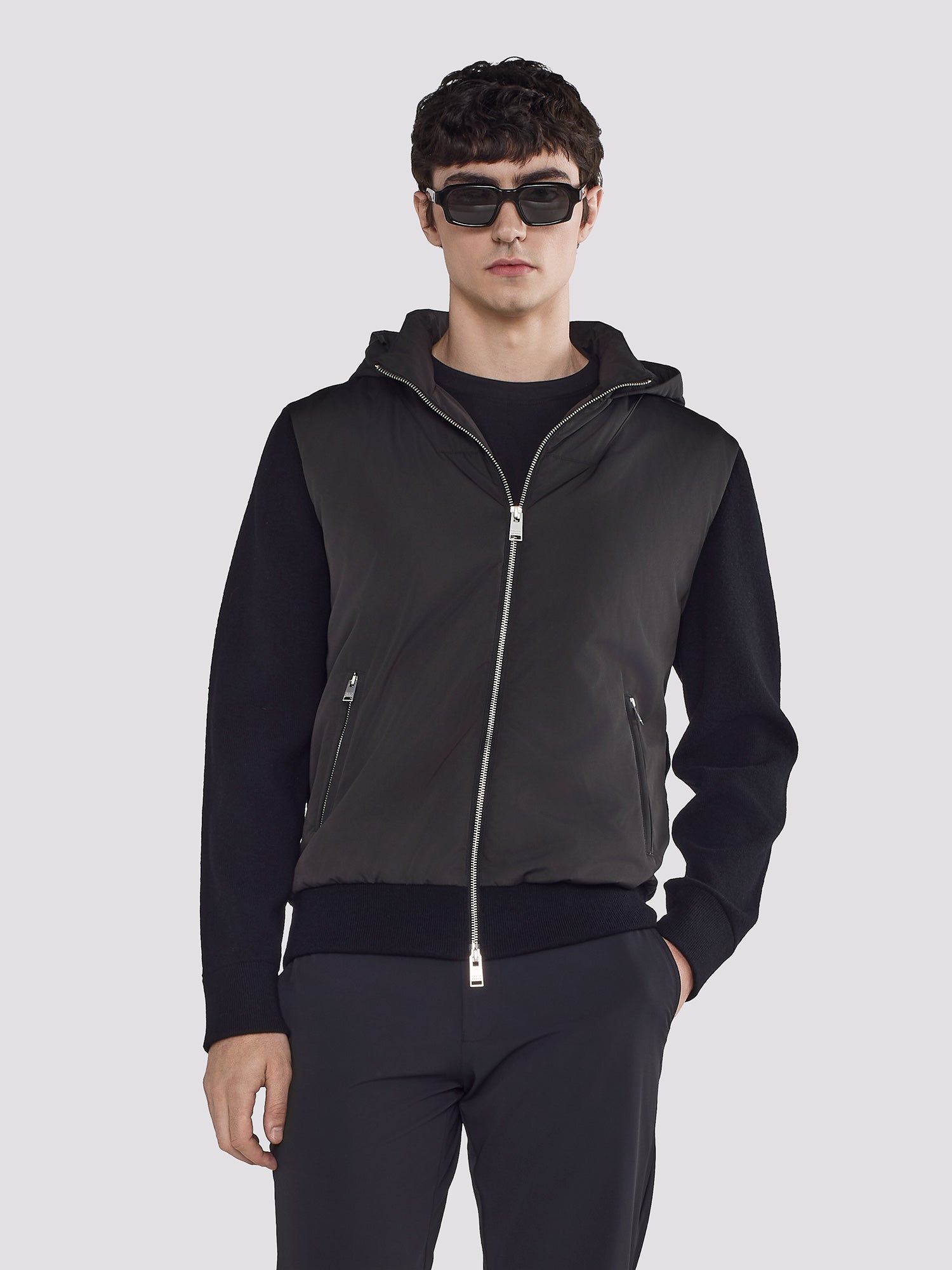 NYLON JACKET WITH KNIT SLEEVES AND HEM
