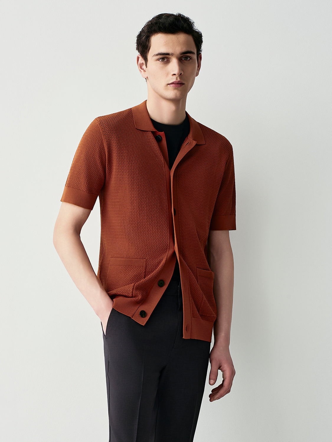 Mesh knit short sleeve cardigan