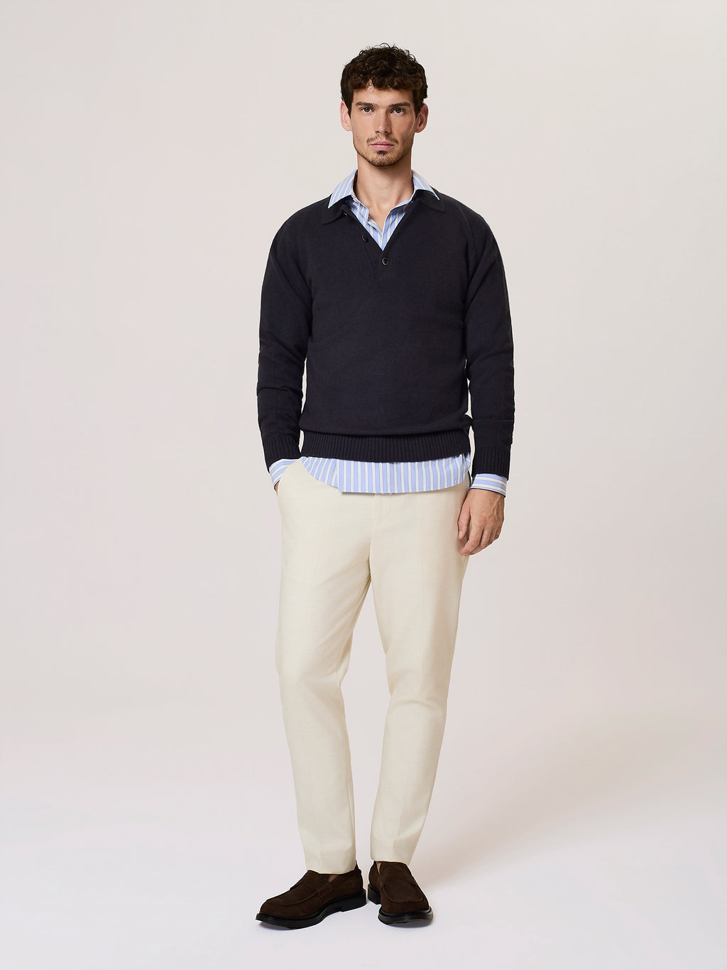 Polo da uomo gray in pura lana merino con scollo a V, David Naman