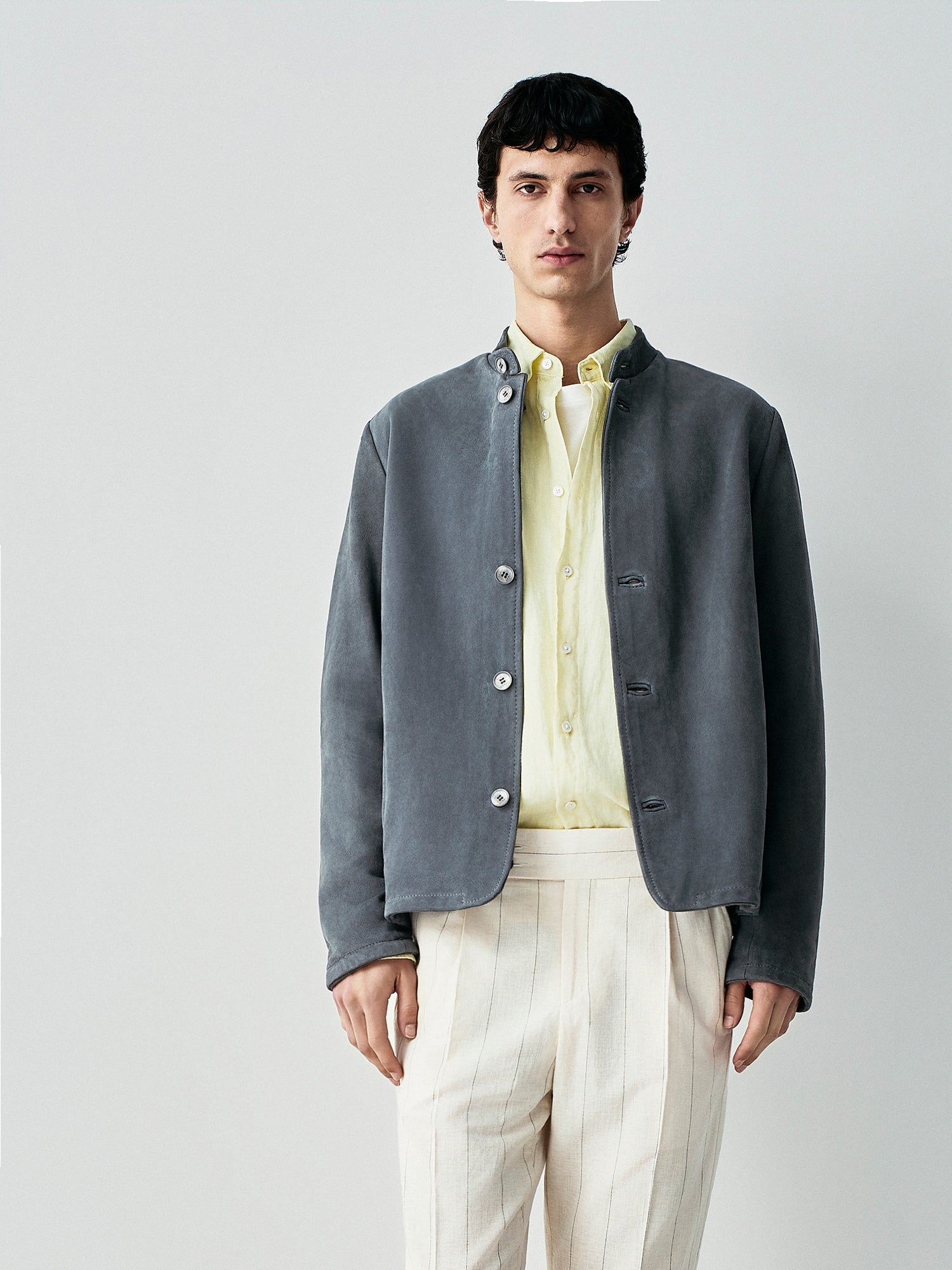 Giacca in pelle suede con collo standing