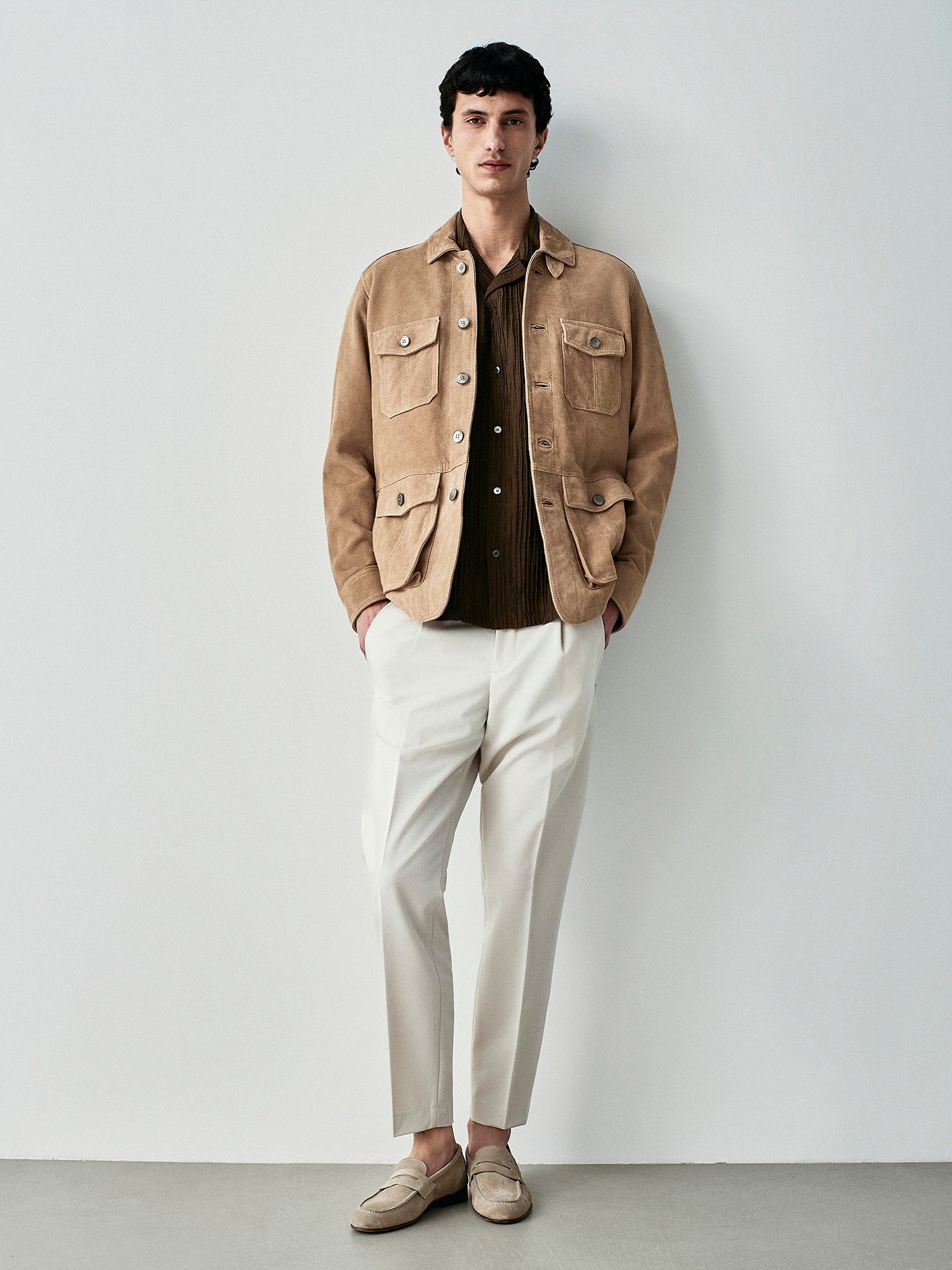 Giacca safari in pelle scamosciata