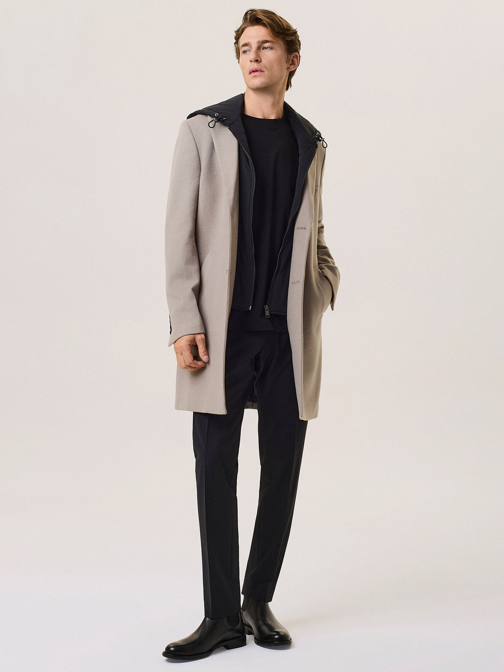 wool blend coat with removable nylon bib