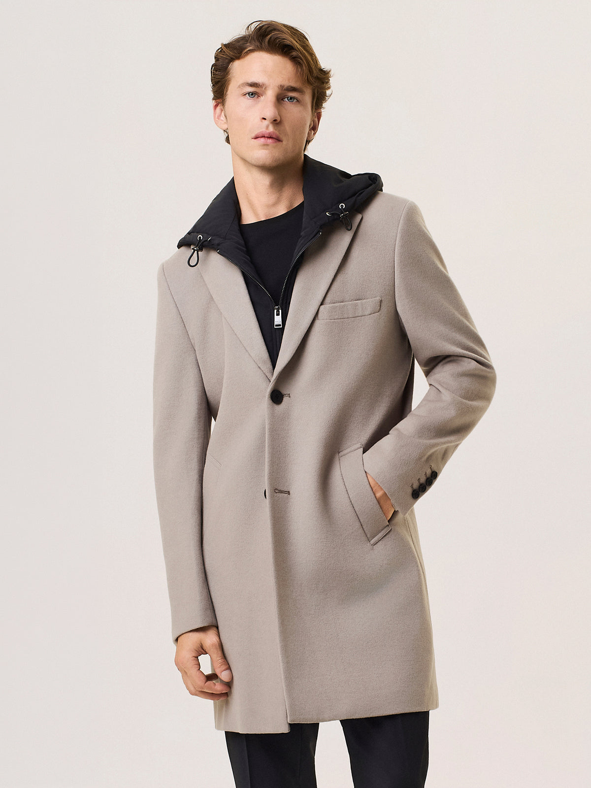 wool blend coat with removable nylon bib
