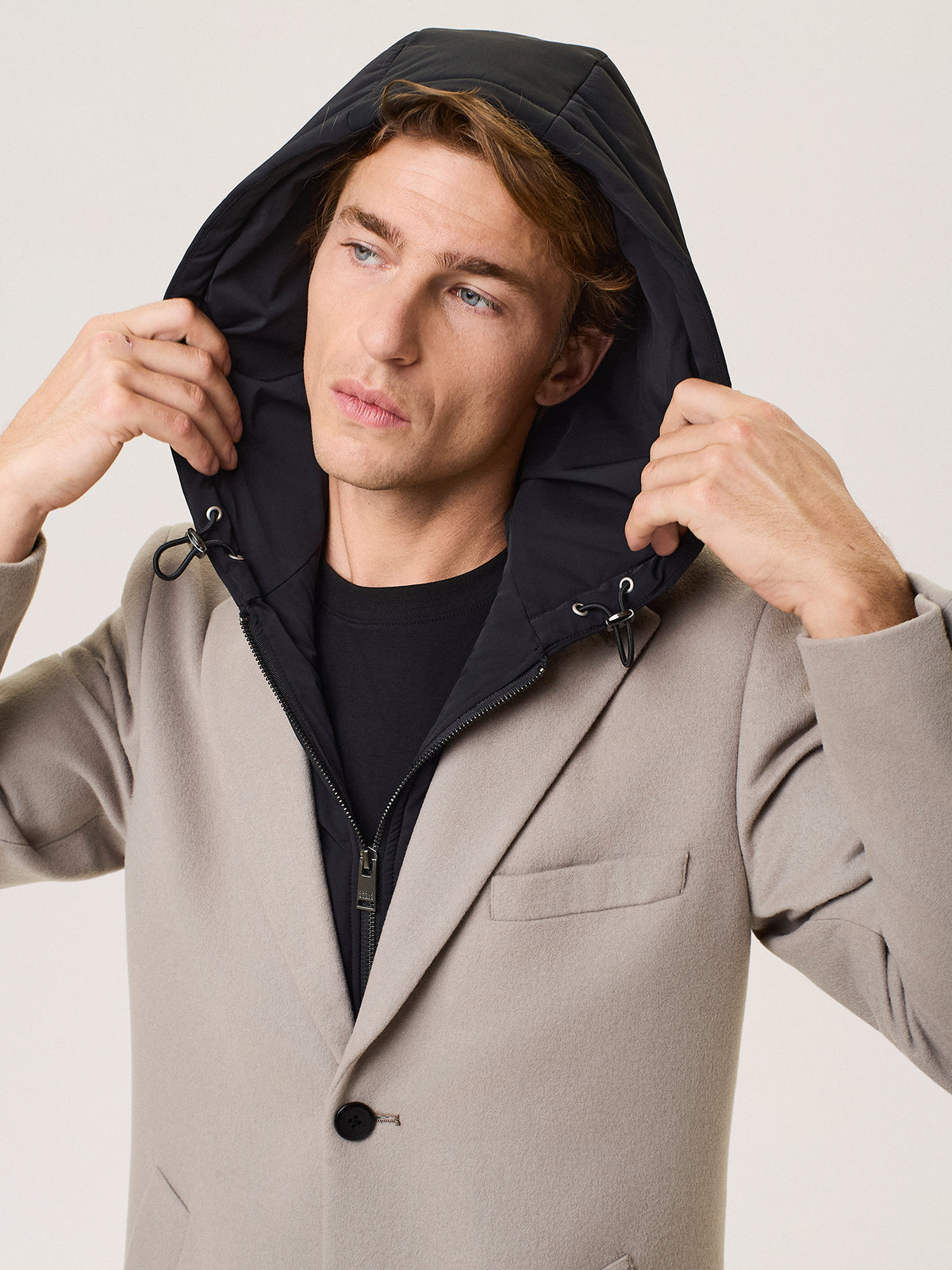 wool blend coat with removable nylon bib