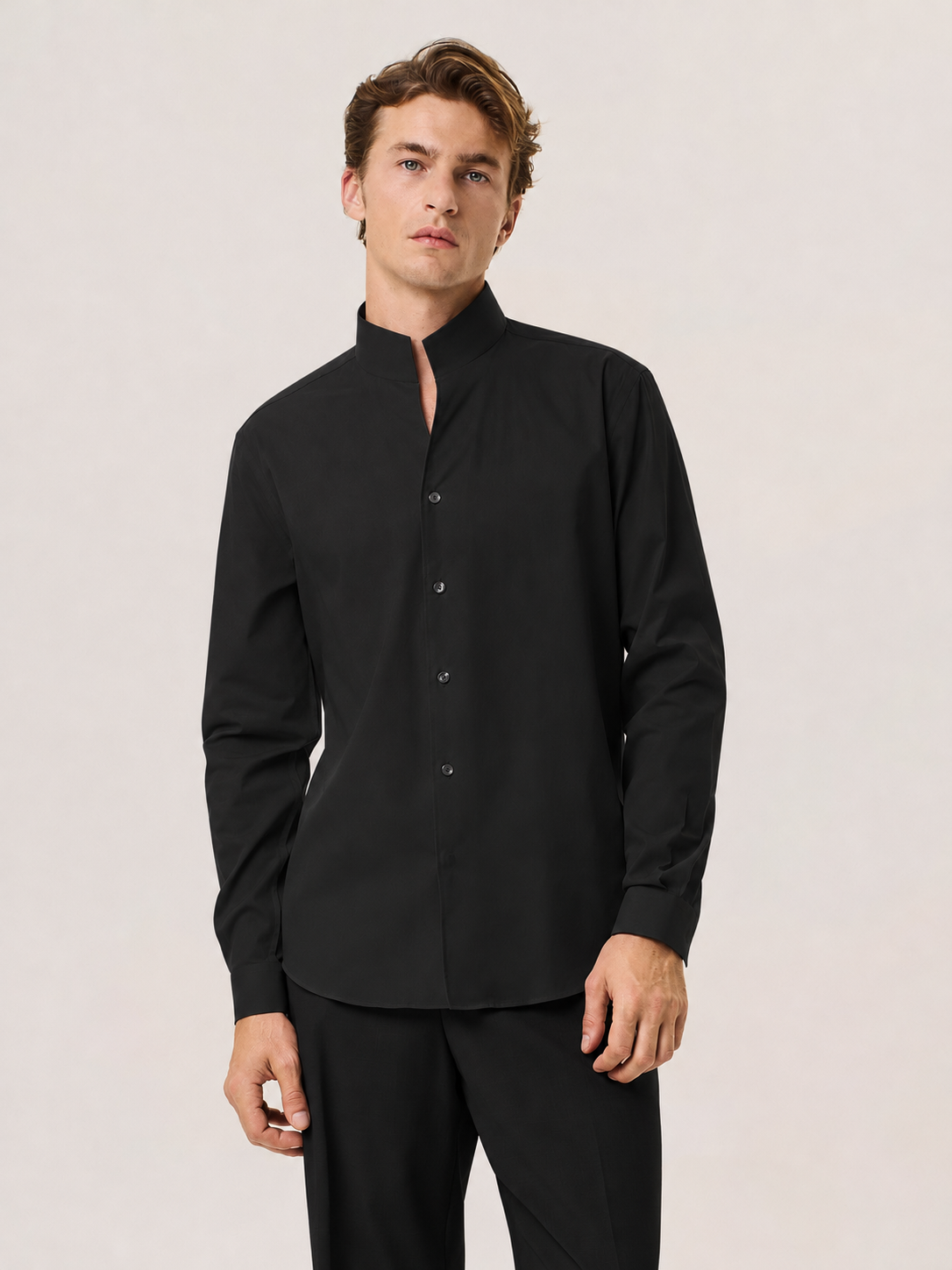 Camicia da uomo nera a manica lunga con collo standing, David Naman