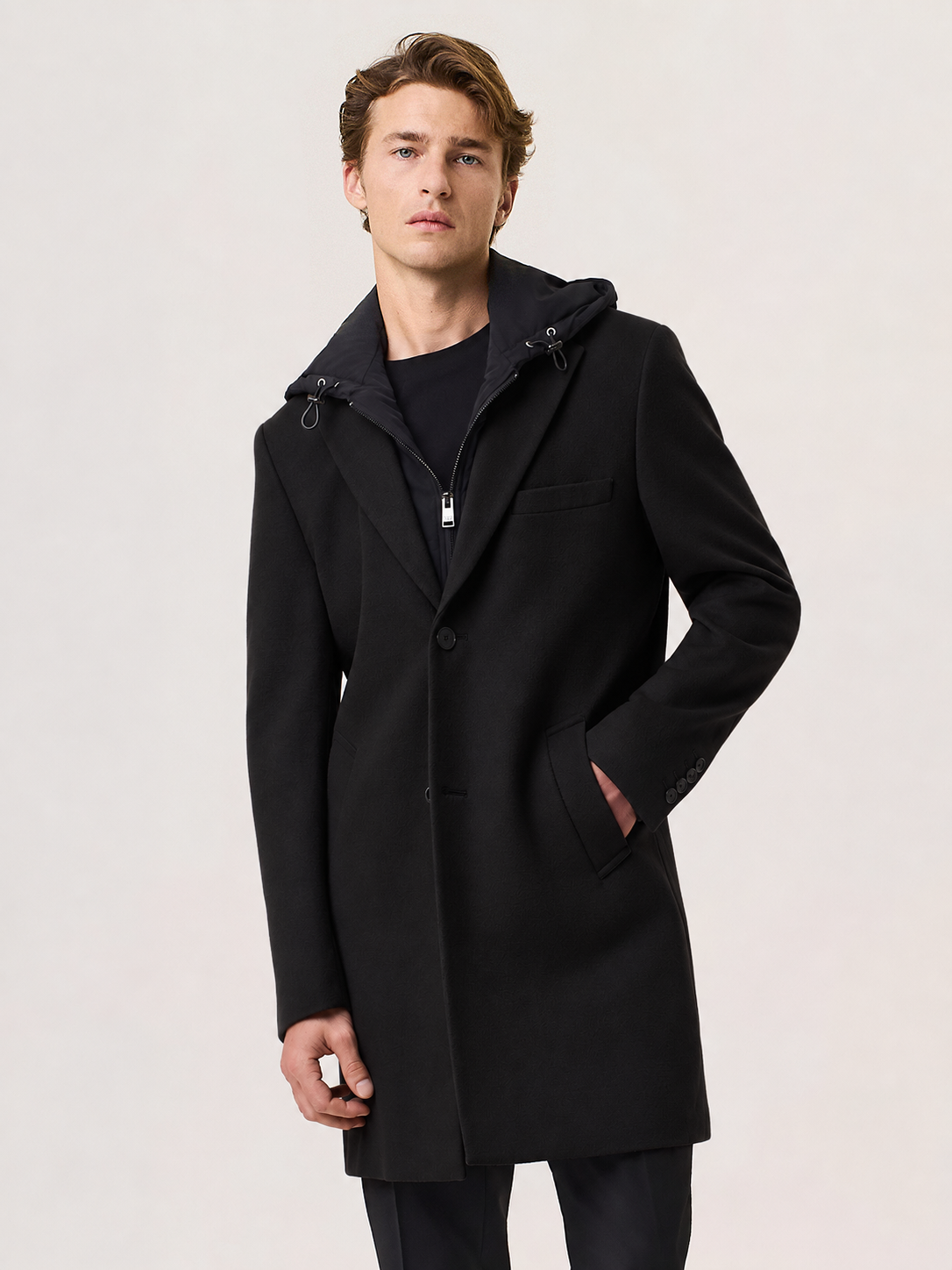 wool blend coat with removable nylon bib
