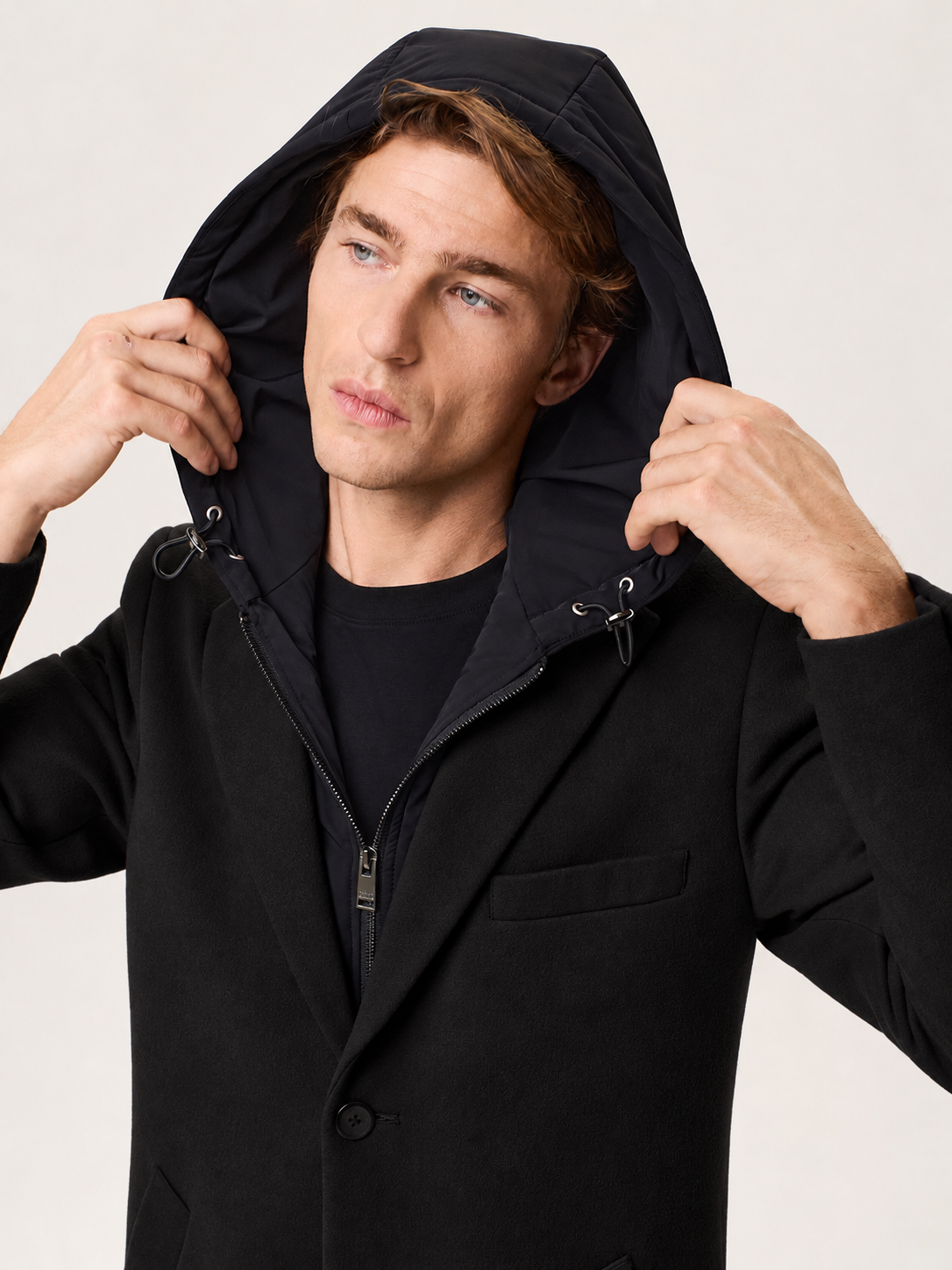 wool blend coat with removable nylon bib