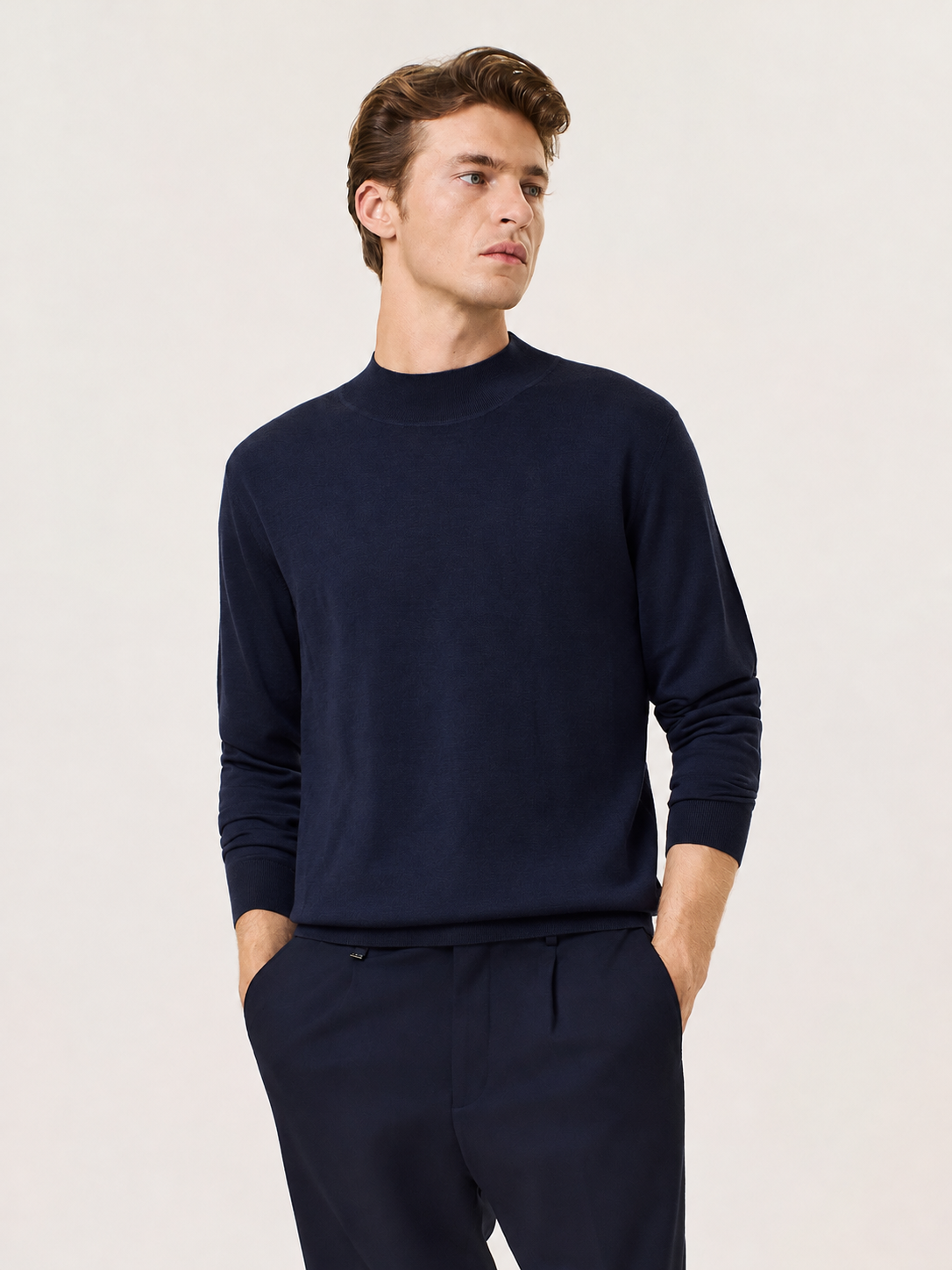Merino wool and silk mock neck sweater